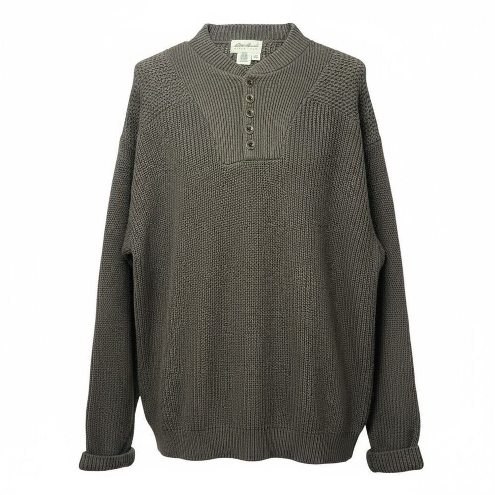 Vintage Eddie Bauer Army Green Cotton Knit Quarter Button Pullover Sweatshirt L - Picture 1 of 10